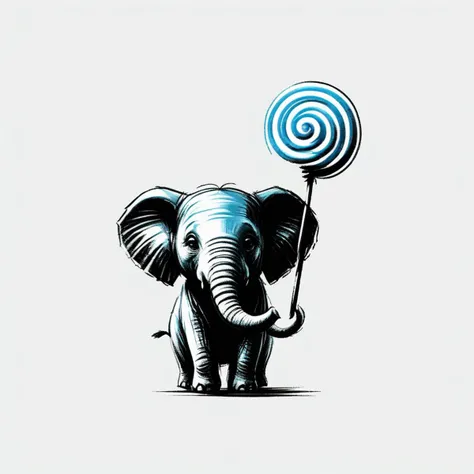 a blue elephant carrying a huge swirl lollipop, set against a minimalist white background