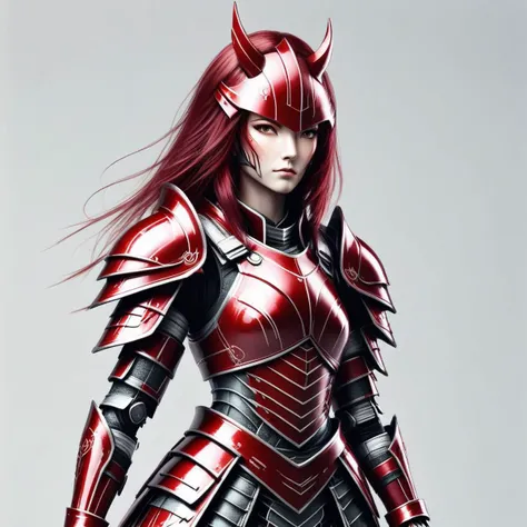 cbrk, A stunning woman entirely dressed in dark red armor, inspired by the style of traditional Japanese art. The woman has a captivating and mysterious expression, with large, doe-like eyes and flowing red hair. Her attire includes a heavy armor with intricate patterns and a luxurious obi sash <lora:cybrk-knight:1>