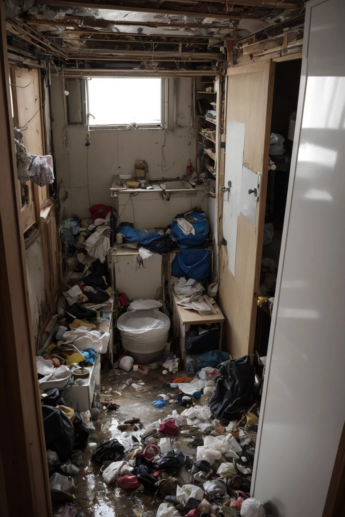 sluminterior tiny room with bed with pillow and blanket,rack,kitchen,pan,broken mirror,pile of trash,dirty,plastic waste,puddle,mouse,dim light,futuristic,ornate,detail,
