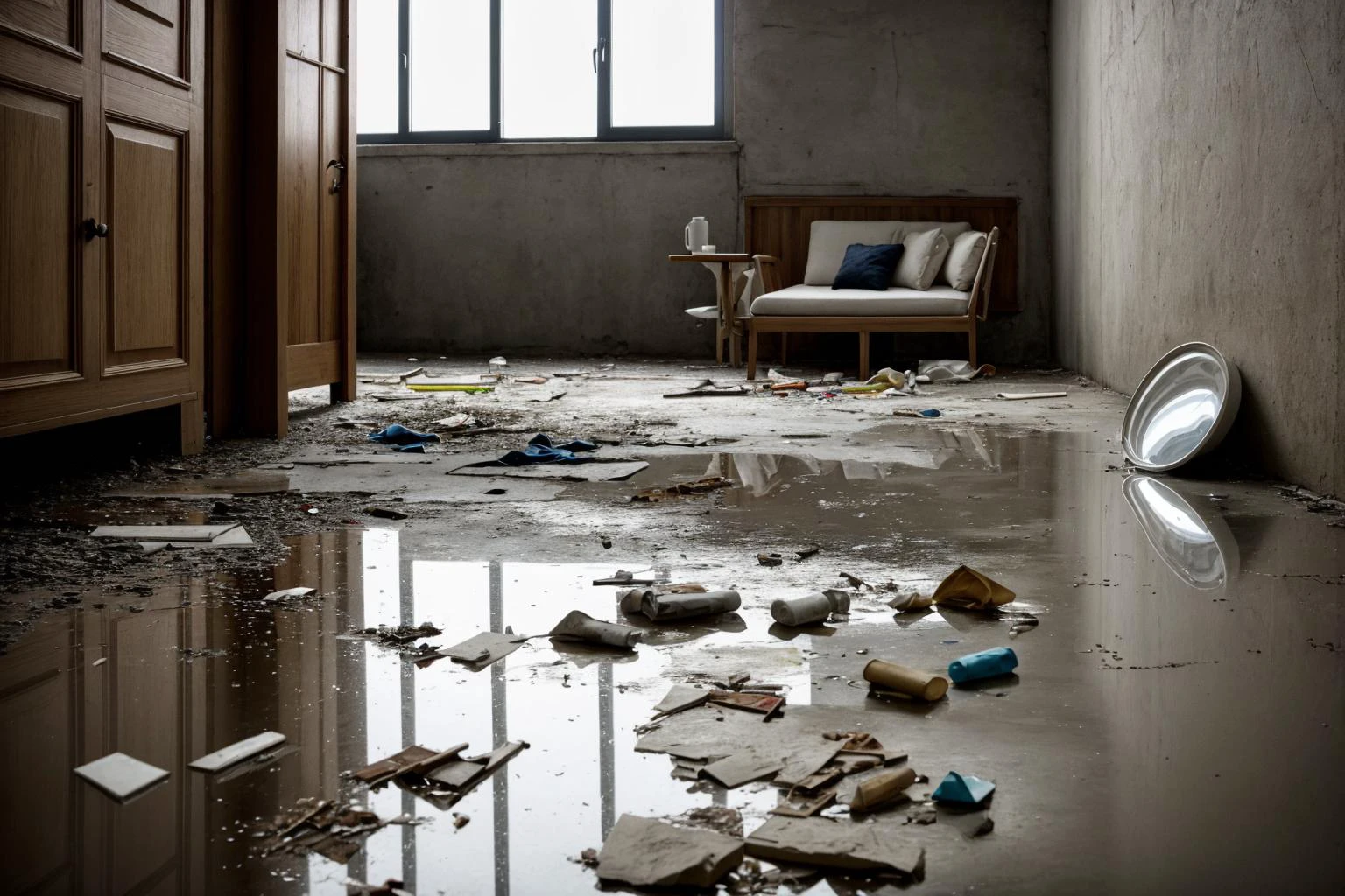(masterpiece),(high quality),best quality,real,(realistic),super detailed,(full detail),8k,RAw photo,tiny room with bed with pillow and blanket,rack,interior design living room,realistic table,realistic sofas,concrete floor,photorealistic,clean lightning,sunlight,ultra high res,Best quality,masterpiece,broken mirror,pile of trash,dirty,plastic waste,puddle,mouse,dim light,futuristic,ornate,detail,<lora:ARWSlumInterior:0.4>,