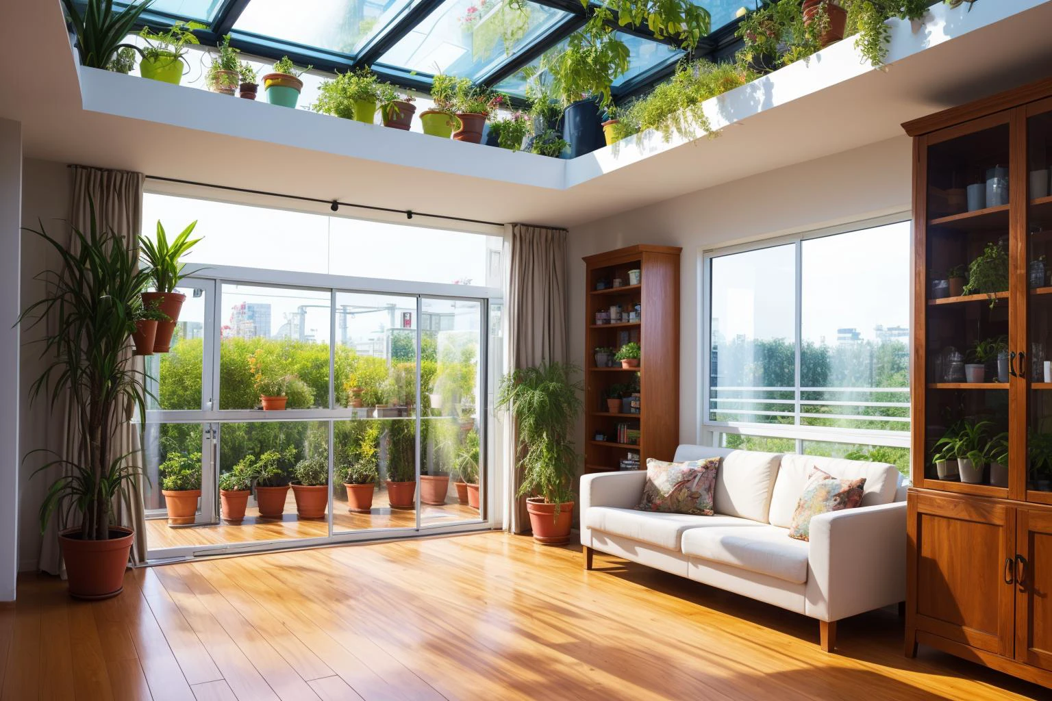 (masterpiece, highest best quality, original, amazing, extremely, Ultra HD, incredibly absurdres, best quality, 8k),(open view),(very many hanging potted plants:1.8),(very many potted plant:1.8),(potted plants on the floor:1.8),(there are also potted plants on the cabinet:1.8),(botanical garden:1.5),(workshop),(blue sky, morning sun:1.5),(soft lighting:1.1),(very many glass windows:1.1),(light pours into the house through a large number of glass windows:1.2),Light blue tailored,depth of field,a detailed matte painting,wooden floor,many bookshelves,plant,potted_plant,rossdraws global illumination,box,clock,jar,palm_tree,plant,potted_plant,scenery,shelf,table,tree,Wide field of view,Japanese city,background is the street view of Tokoy,(lens flare),(modern city),(glass ceiling:1.3),<lora:colorify:1.2>,