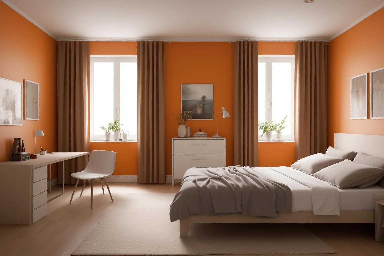 (1girl:1.4),((best quality)),((masterpiece)),((realistic)),bedroom,Modern minimalist Nordic style,Soft light,Pure picture,(Bright colors:1.2),Symmetrical composition,orange theme,
