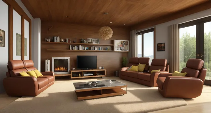 masterpiece, best quality, Modern living room, futuristic furniture, computer and various electronic equipment, 4k, highly detailed, real, (realistic),