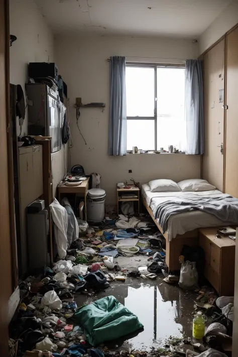 sluminterior tiny room with bed with pillow and blanket,rack,kitchen,pan,broken mirror,pile of  trash,dirty,plastic waste,puddle,mouse,dim light,futuristic,ornate,detail,