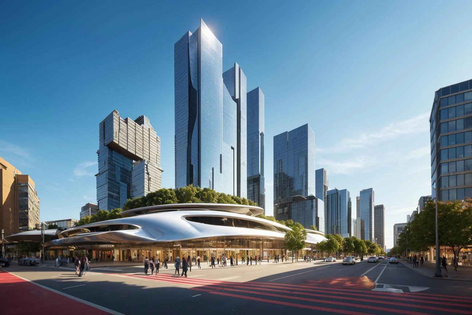 (masterpiece),(high quality),best quality,real,(realistic),super detailed,(full detail),8k,A futuristic and stunningly beautiful high-rise shopping center architectural structure with bold,futuristic design elements,blending seamlessly into the art form of digital illustration. Inspired by the works of Syd Mead. The scene showcases the center amidst a bustling city,its sleek lines contrasting with the urban environment. A warm color temperature adds vibrancy,highlighting the architectural details,(futuristic city:1.2),Shoppers and visitors exhibit expressions of awe and excitement. Illuminated by soft,diffused lighting,the atmosphere exudes sophistication and promise of tomorrow,no humans,scenery,building,((500-meter tall buildings)),outdoors,window,road,sky,street,lamppost,tree,power lines,Organic modernist architecture,glass curtain walls,interesting shapes,super high-rise buildings in the block,