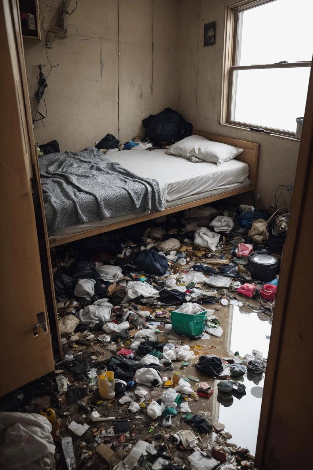 sluminterior tiny room with bed with pillow and blanket,rack,kitchen,pan,broken mirror,pile of trash,dirty,plastic waste,puddle,mouse,dim light,futuristic,ornate,detail,