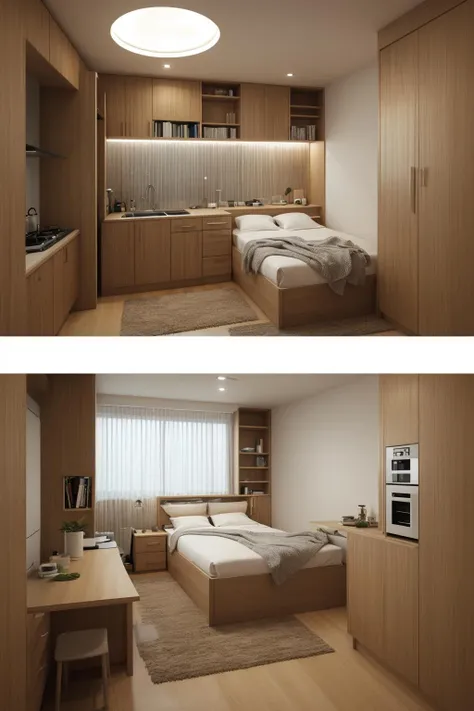 tiny room with bed with pillow and blanket,rack,kitchen,pan,dim light,futuristic,ornate,detail,