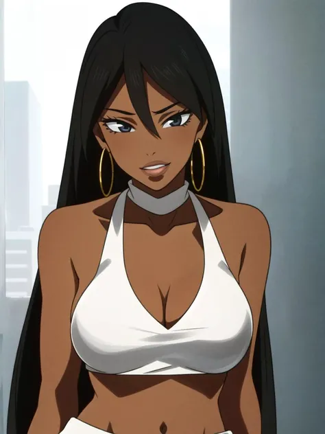 <lora:Michiko Malandro:0.7> 1girl, solo, hoop earrings, dark-skinned female, long hair, earrings, jewelry, dark skin, breasts, cleavage, black hair, bare shoulders, hair between eyes, upper body, Beautiful Detailed Eyes, gloss lips, (((White shoulderless crop top dress, Black Leggings, Knee High Boots,))) suducing stare, upper body, standing, looking at viewer, grin, ((Extremely Detailed)), ((Best Quality)), ((Masterpiece)), ((4k)),