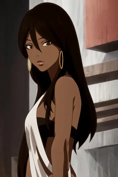 <lora:Michiko Malandro:0.7> Michiko Malandro, 1girl, solo, dark skin, dark-skinned female, earrings, long hair, jewelry, black hair, hair between eyes, looking at viewer, brown eyes, halter top dress, glossy lips, eyeliner, make up