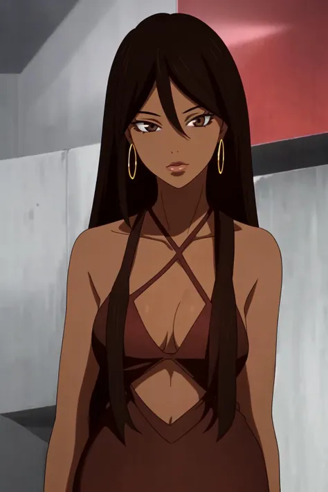 <lora:Michiko Malandro:0.7> Michiko Malandro, 1girl, solo, dark skin, dark-skinned female, earrings, long hair, jewelry, black hair, hair between eyes, looking at viewer, brown eyes, halter top dress, glossy lips, eyeliner, make up