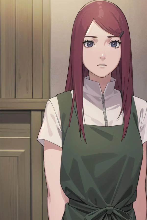 kushina, <lora:kushina-lora-nochekaiser:1>,
kushina, long hair, hair ornament, red hair, hairclip, (grey eyes:1.5),
BREAK shirt, dress, jewelry, white shirt, short sleeves, apron, bracelet, green apron, collar,
BREAK looking at viewer, full body, (cowboy shot:1.5),
BREAK indoors,
BREAK <lyco:GoodHands-beta2:1>, (masterpiece:1.2), best quality, high resolution, unity 8k wallpaper, (illustration:0.8), (beautiful detailed eyes:1.6), extremely detailed face, perfect lighting, extremely detailed CG, (perfect hands, perfect anatomy),