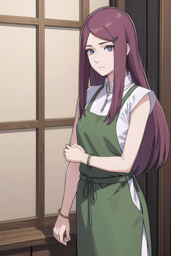 kushina, <lora:kushina-lora-nochekaiser:1>,
kushina, long hair, hair ornament, red hair, hairclip, (grey eyes:1.5),
BREAK shirt, dress, jewelry, white shirt, short sleeves, apron, bracelet, green apron, collar,
BREAK looking at viewer, full body, (cowboy shot:1.5),
BREAK indoors,
BREAK <lyco:GoodHands-beta2:1>, (masterpiece:1.2), best quality, high resolution, unity 8k wallpaper, (illustration:0.8), (beautiful detailed eyes:1.6), extremely detailed face, perfect lighting, extremely detailed CG, (perfect hands, perfect anatomy),
