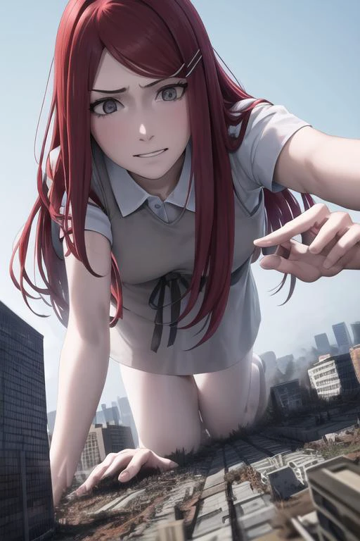 kushina,, kushina, <lora:kushina uzumaki v2-lora-nochekaiser:0.7> red hiar, long hair, hair ornament, red hair, hairclip, (grey eyes:1.5), (swept bangs:1.5), evil grin, BREAK shirt, dress, jewelry, white shirt, short sleeves, apron, bracelet, green apron, collar, full body shot
((best quality)), ((highly detailed)), masterpiece, absurdres, (detailed eyes, deep eyes), (1girl),
zoomed out, distant view, perfect arms, perfect hands, perfect face, perfect legs, perfect thighs, perfect feet ground view, from below, groundview, low angle, crawling, on all fours, all fours, hands on the ground, looming, perspective , looking down, looking at the ground looking down:1.5, looking at the ground, unamused <lora:giantess:1>, blue sky, lying on side, city, giga giantess, gts, giantess destroying a cityscape, destruction, rampage, huge craters, ravines, cracks in the ground, earthquake, smoke, fire, destroyed city, ruins, rubble, debris, crumbling, destroyed buildings, knocked over buildings, toppled skyscrapers, crumbling buildings, falling buildings, rampage in the city, destruction in the city destroyed cityscape