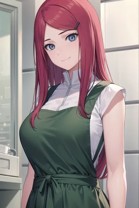 kushina, <lora:kushina uzumaki v2-lora-nochekaiser:1>,
kushina, long hair, hair ornament, red hair, hairclip, (grey eyes:1.5), (swept bangs:1.5), smile,
BREAK shirt, dress, jewelry, white shirt, short sleeves, apron, bracelet, green apron, collar,
BREAK looking at viewer, upper body, full body, cowboy shot,
BREAK indoors,
BREAK <lyco:GoodHands-beta2:1>, (masterpiece:1.2), best quality, high resolution, unity 8k wallpaper, (illustration:0.8), (beautiful detailed eyes:1.6), extremely detailed face, perfect lighting, extremely detailed CG, (perfect hands, perfect anatomy),