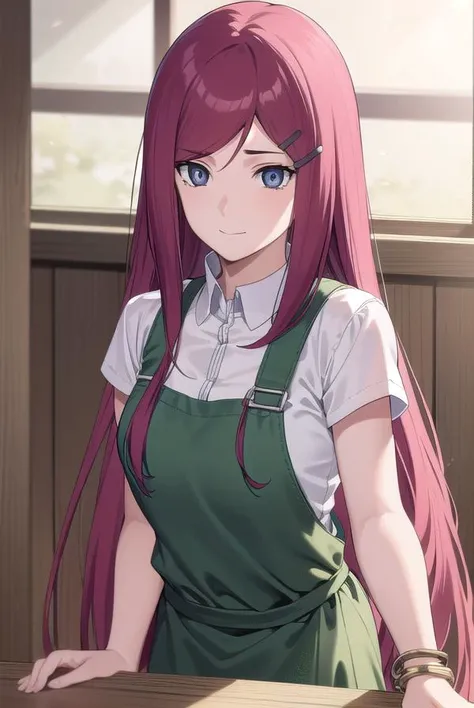 kushina, <lora:kushina uzumaki v2-lora-nochekaiser:1>,
kushina, long hair, hair ornament, red hair, hairclip, (grey eyes:1.5), (swept bangs:1.5), smile,
BREAK shirt, dress, jewelry, white shirt, short sleeves, apron, bracelet, green apron, collar,
BREAK looking at viewer, upper body, full body, cowboy shot,
BREAK indoors,
BREAK <lyco:GoodHands-beta2:1>, (masterpiece:1.2), best quality, high resolution, unity 8k wallpaper, (illustration:0.8), (beautiful detailed eyes:1.6), extremely detailed face, perfect lighting, extremely detailed CG, (perfect hands, perfect anatomy),