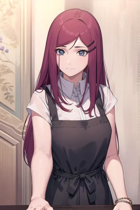 kushina, <lora:kushina uzumaki v2-lora-nochekaiser:1>,
kushina, long hair, hair ornament, red hair, hairclip, (grey eyes:1.5), (swept bangs:1.5), smile,
BREAK shirt, dress, jewelry, white shirt, short sleeves, apron, bracelet, green apron, collar,
BREAK looking at viewer, upper body, full body, cowboy shot,
BREAK indoors,
BREAK <lyco:GoodHands-beta2:1>, (masterpiece:1.2), best quality, high resolution, unity 8k wallpaper, (illustration:0.8), (beautiful detailed eyes:1.6), extremely detailed face, perfect lighting, extremely detailed CG, (perfect hands, perfect anatomy),