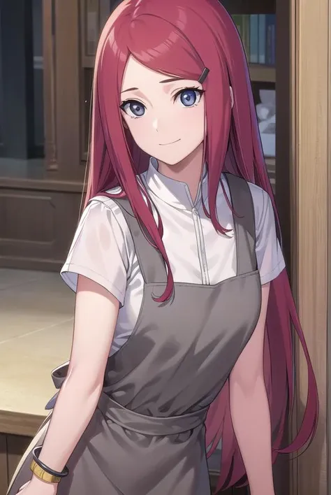kushina, <lora:kushina uzumaki v2-lora-nochekaiser:1>,
kushina, long hair, hair ornament, red hair, hairclip, (grey eyes:1.5), (swept bangs:1.5), smile,
BREAK shirt, dress, jewelry, white shirt, short sleeves, apron, bracelet, green apron, collar,
BREAK looking at viewer, upper body, full body, cowboy shot,
BREAK indoors,
BREAK <lyco:GoodHands-beta2:1>, (masterpiece:1.2), best quality, high resolution, unity 8k wallpaper, (illustration:0.8), (beautiful detailed eyes:1.6), extremely detailed face, perfect lighting, extremely detailed CG, (perfect hands, perfect anatomy),