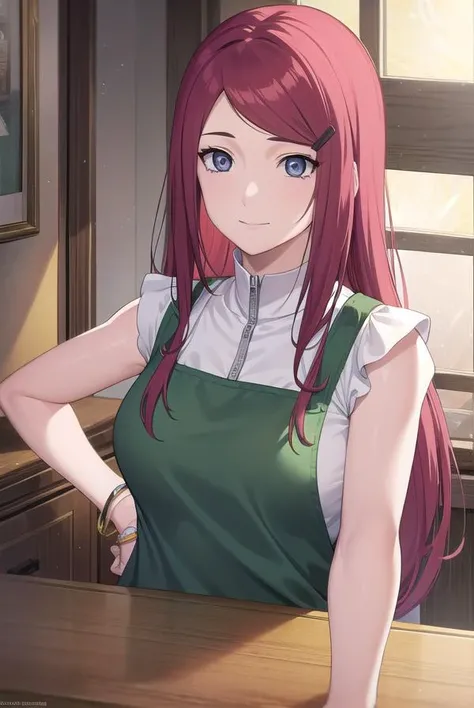 kushina, <lora:kushina uzumaki v2-lora-nochekaiser:1>,
kushina, long hair, hair ornament, red hair, hairclip, (grey eyes:1.5), (swept bangs:1.5), smile,
BREAK shirt, dress, jewelry, white shirt, short sleeves, apron, bracelet, green apron, collar,
BREAK looking at viewer, upper body, full body, cowboy shot,
BREAK indoors,
BREAK <lyco:GoodHands-beta2:1>, (masterpiece:1.2), best quality, high resolution, unity 8k wallpaper, (illustration:0.8), (beautiful detailed eyes:1.6), extremely detailed face, perfect lighting, extremely detailed CG, (perfect hands, perfect anatomy),
