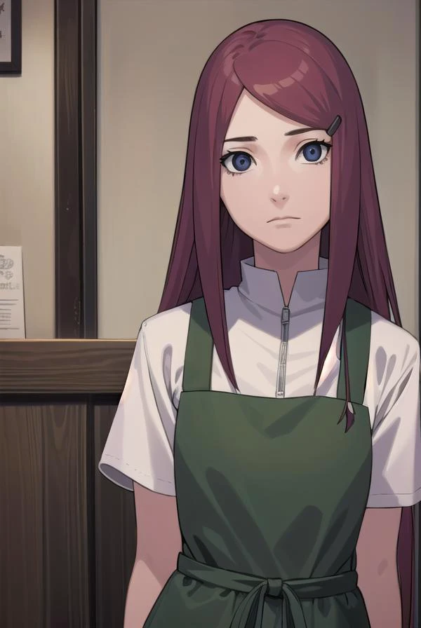 kushina, <lora:kushina-lora-nochekaiser:1>,
kushina, long hair, hair ornament, red hair, hairclip, (grey eyes:1.5),
BREAK shirt, dress, jewelry, white shirt, short sleeves, apron, bracelet, green apron, collar,
BREAK looking at viewer, full body, (cowboy shot:1.5),
BREAK indoors,
BREAK <lyco:GoodHands-beta2:1>, (masterpiece:1.2), best quality, high resolution, unity 8k wallpaper, (illustration:0.8), (beautiful detailed eyes:1.6), extremely detailed face, perfect lighting, extremely detailed CG, (perfect hands, perfect anatomy),