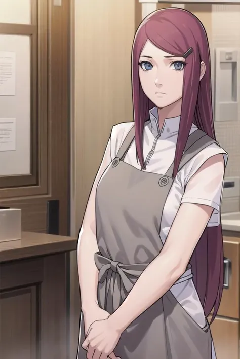 kushina, <lora:kushina-lora-nochekaiser:1>,
kushina, long hair, hair ornament, red hair, hairclip, (grey eyes:1.5),
BREAK shirt, dress, jewelry, white shirt, short sleeves, apron, bracelet, green apron, collar,
BREAK looking at viewer, full body, (cowboy shot:1.5),
BREAK indoors,
BREAK <lyco:GoodHands-beta2:1>, (masterpiece:1.2), best quality, high resolution, unity 8k wallpaper, (illustration:0.8), (beautiful detailed eyes:1.6), extremely detailed face, perfect lighting, extremely detailed CG, (perfect hands, perfect anatomy),