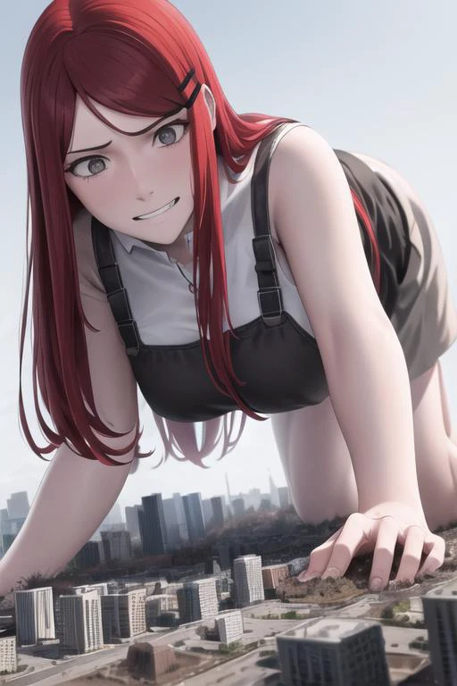kushina,, kushina, <lora:kushina uzumaki v2-lora-nochekaiser:0.7> red hiar, long hair, hair ornament, red hair, hairclip, (grey eyes:1.5), (swept bangs:1.5), evil grin, BREAK shirt, dress, jewelry, white shirt, short sleeves, apron, bracelet, green apron, collar, full body shot
((best quality)), ((highly detailed)), masterpiece, absurdres, (detailed eyes, deep eyes), (1girl),
zoomed out, distant view, perfect arms, perfect hands, perfect face, perfect legs, perfect thighs, perfect feet ground view, from below, groundview, low angle, crawling, on all fours, all fours, hands on the ground, looming, perspective , looking down, looking at the ground looking down:1.5, looking at the ground, unamused <lora:giantess:1>, blue sky, lying on side, city, giga giantess, gts, giantess destroying a cityscape, destruction, rampage, huge craters, ravines, cracks in the ground, earthquake, smoke, fire, destroyed city, ruins, rubble, debris, crumbling, destroyed buildings, knocked over buildings, toppled skyscrapers, crumbling buildings, falling buildings, rampage in the city, destruction in the city destroyed cityscape