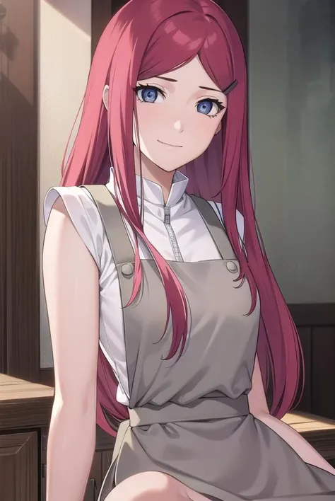 kushina, <lora:kushina uzumaki v2-lora-nochekaiser:1>,
kushina, long hair, hair ornament, red hair, hairclip, (grey eyes:1.5), (swept bangs:1.5), smile,
BREAK shirt, dress, jewelry, white shirt, short sleeves, apron, bracelet, green apron, collar,
BREAK looking at viewer, upper body, full body, cowboy shot,
BREAK indoors,
BREAK <lyco:GoodHands-beta2:1>, (masterpiece:1.2), best quality, high resolution, unity 8k wallpaper, (illustration:0.8), (beautiful detailed eyes:1.6), extremely detailed face, perfect lighting, extremely detailed CG, (perfect hands, perfect anatomy),