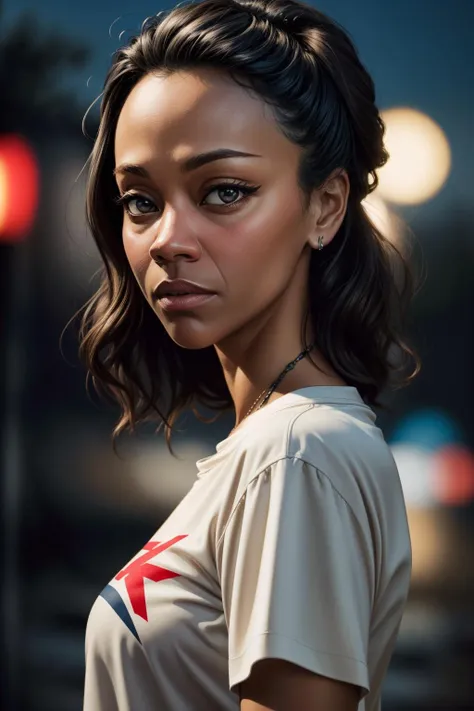 <lora:zoe:1>,   A stunning intricate full color portrait of (a woman z03saldana:1) , wearing a ((shirt)), epic character composition, sharp focus, natural lighting, subsurface scattering, bokeh, f2, 35mm, film grain,night time, ((vector))