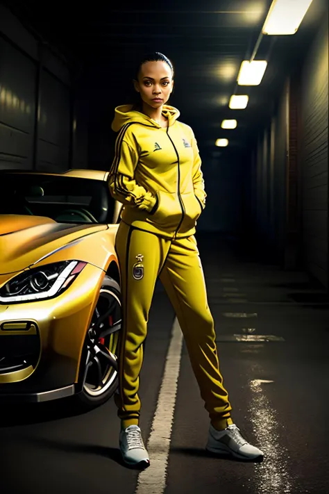hdr, z03saldana, wearing a yellow tracksuit, white shoes, full body shot, low angle shot, standing inside a car park, garage, night time, bright lighting, studio lighting, eerie ambiance, looking at camera, serious, <lora:Zoe_saldana-v1:1> extremely detailed,
