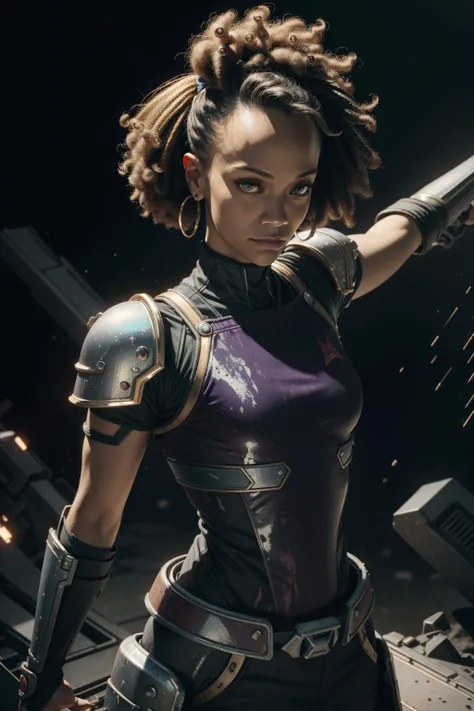 realistic, <lora:zoe sal:0.8> (z03saldana:1.4),Create a work of art, an ultra-detailed illustration, Luminary, Short, in shape, Triangular Face, Tan Skin, Auburn Hair, gold Eyes, Long Nose, Pouty Lips, Round Chin, Shoulder-Length Hair, Wavy Hair, Fluffy Afro, natural , Huggie earrings, grape stain lipstick, Printmaking, , arms outstretched, Texture, Split Complementary, Twist, Magic ,  solo, upper body, looking down, detailed background, detailed face, (<lora:NodesTech:0.6>,  holographic, NodesTech theme:1.1), warhammer 40k space marine, face, adeptus astartes, wearing dark purple thick power-armor,  bloodied armor, melter weapon, energy shield,  immortal, battle-rage, dynamic pose, primarch, campaign badges,   veteran,  dark dystopian lighting, blasted battlefield in background, intense atmosphere,