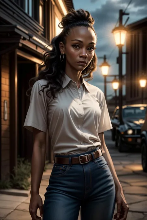 <lora:zoe:1>,   A stunning intricate full color picture of (a woman z03saldana:1) ,cowboy shot,  wearing a ((shirt)), epic character composition, sharp focus, natural lighting, subsurface scattering, bokeh, f2, 35mm, film grain,night time,