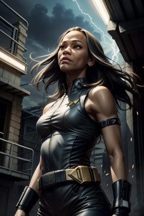 <lora:zoe sal:1> (z03saldana:1.4),((a woman)), portrait, solo, upper body, looking up, detailed background, detailed face, (21st century modern theme:1.1), cyberpunk assassin, demolitions expert, wearing gray plated armor, tactical belt, head-up display, wrist-mounted weapon, insignia, stern expression, running, glowing lights, lightning in background, wind blowing, cinematic atmosphere,