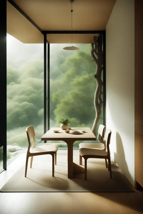 a dining room with a table and chairs and a rug on the floor and a window with a view of the woods, ESAO, warm lighting, a stock photo, minimalism, building, chair, city, day, depth_of_field, house, no_humans, photorealistic, plant, potted_plant, road, scenery, street, tree, window , organic_minimalism