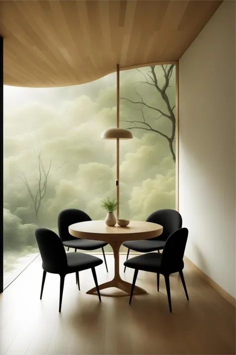 a dining room with a table and chairs and a rug on the floor and a window with a view of the woods, ESAO, warm lighting, a stock photo, minimalism, building, chair, city, day, depth_of_field, house, no_humans, photorealistic, plant, potted_plant, road, scenery, street, tree, window , organic_minimalism