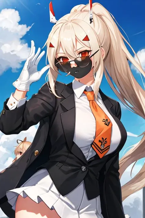 best quality, masterpiece, highres, solo, {black business suit:1.40}, {tie:1.20}, {sunglasses:1.25}, {white gloves:1.15}, {white shirt:1.10}, {black skirt:1.15}, {smoking:1.20}, handsome, {ayanami_azurlane:1.15}, long_hair, ponytail, bangs, headgear, hair_between_eyes, sidelocks, hair_ornament, blush, blonde_hair, orange_eyes, breasts, retrofit_\(azur_lane\), red_eyes