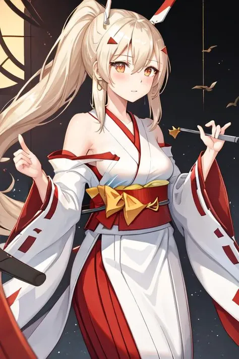 best quality, masterpiece, highres, solo, {white kimono:1.35}, {red hakama:1.35}, {wide sleeves:1.20}, {ayanami_azurlane:1.15}, long_hair, ponytail, bangs, headgear, hair_between_eyes, sidelocks, hair_ornament, blush, blonde_hair, orange_eyes, breasts, retrofit_\(azur_lane\), red_eyes