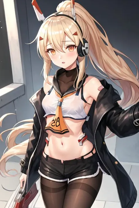 best quality, masterpiece, highres, solo, {ayanami_azurlane:1.15}, long_hair, ponytail, bangs, headgear, hair_between_eyes, sidelocks, hair_ornament, blush, blonde_hair, orange_eyes, breasts, retrofit_\(azur_lane\), red_eyes, 1girl, black_shorts, headphones, looking_at_viewer, midriff, navel, pantyhose, short_shorts, shorts, bare_shoulders, black_pantyhose, off_shoulder, open_clothes, black_jacket, jacket, coat, legwear_under_shorts, high_ponytail, medium_breasts, open_fly, parted_lips