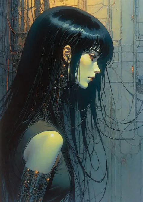 closeup shot of 1 woman, cyborg wires long black hair 
 turtleneck sleeveless  
resting against the wall 
dark hell background shadow  ghost , skulls, mainframe
  art by Jean Giraud   Yoshitaka Amano Bill Sienkiewicz 
Zdzislaw Beksinski