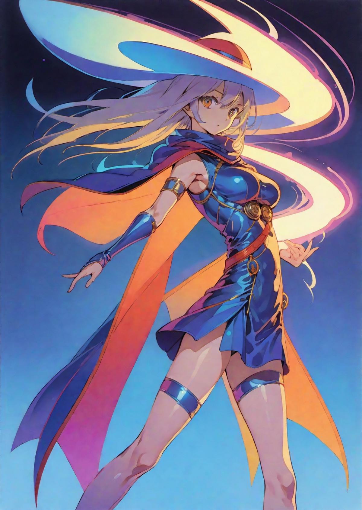 A woman in a blue dress with long blonde hair and a cape - SeaArt AI