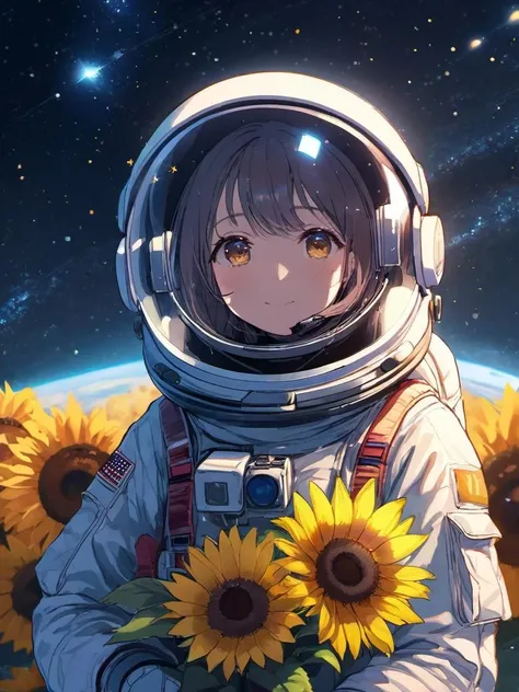 (masterpiece,best quality,ultra_detailed,highres,absurdres:1.2),an anime girl astronaut, colourful,she holding sunflower, starry sky, lens_flare,