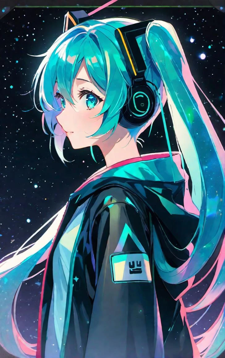 (masterpiece,best quality,ultra_detailed,highres,absurdres:1.4),an anime girl (hatsune miku),holographic PVC transparent star \(symbol\) coat|milky way,analog film,(multicolored plastick hair:1.3),milky way,lens_flare,4k,ultra-fine painting,sharp focus,Highly detailed,