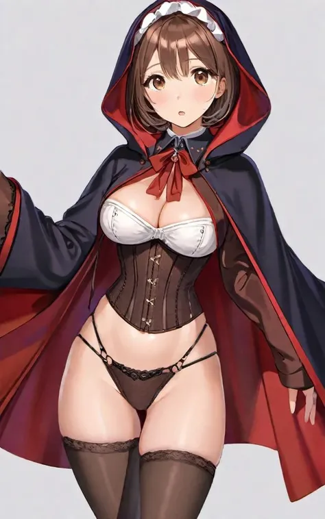 (masterpiece,best quality,ultra_detailed,highres,absurdres:1.2),1girl, solo, blush, corset, underwear,:d, coat, bag, brown hair, head scarf, brown eyes, collared coat, looking at viewer, short hair, outstretched hand, long sleeves, wide sleeves, nsfw