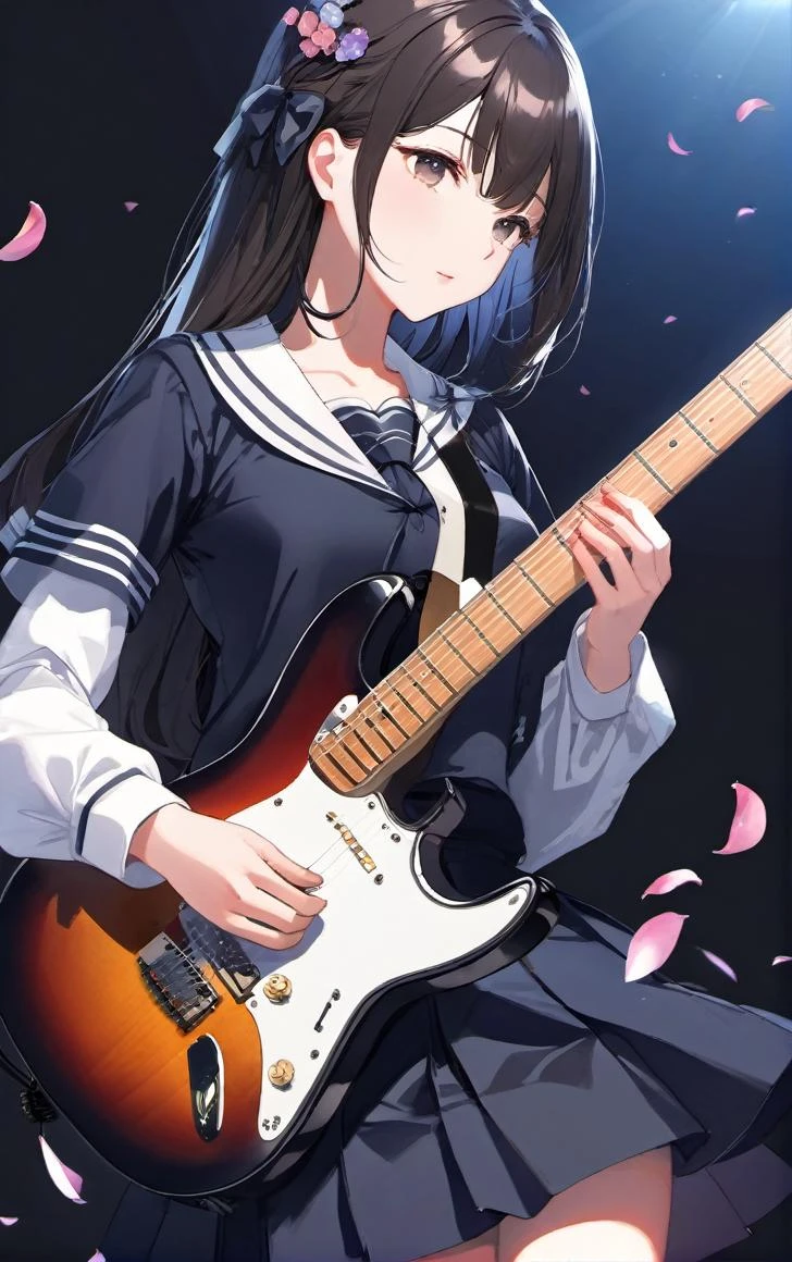(masterpiece,best quality,ultra_detailed,highres,absurdres:1.4), extremely detailed CG unity 8k wallpaper, highest quality, ultra-detailed, perfect illumination, accurate shadowing, one vibrant and lively,(white background) close up, masterpiece, best quality,a black-hairdo girl a pretty girl School uniform Guitar Performance petals, illustration, top quality, ultra-detailed