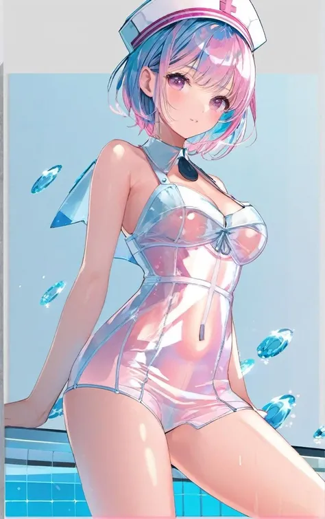 (masterpiece,best quality,ultra_detailed,highres,absurdres:1.4),a girl with pink transparent wet PVC nurse clothing,and nurse cap,solo,transparent color vinyl clothing, prismatic, holographic, chromatic aberration,highleg_swimsuit, sexy,azure hair,simple_background,