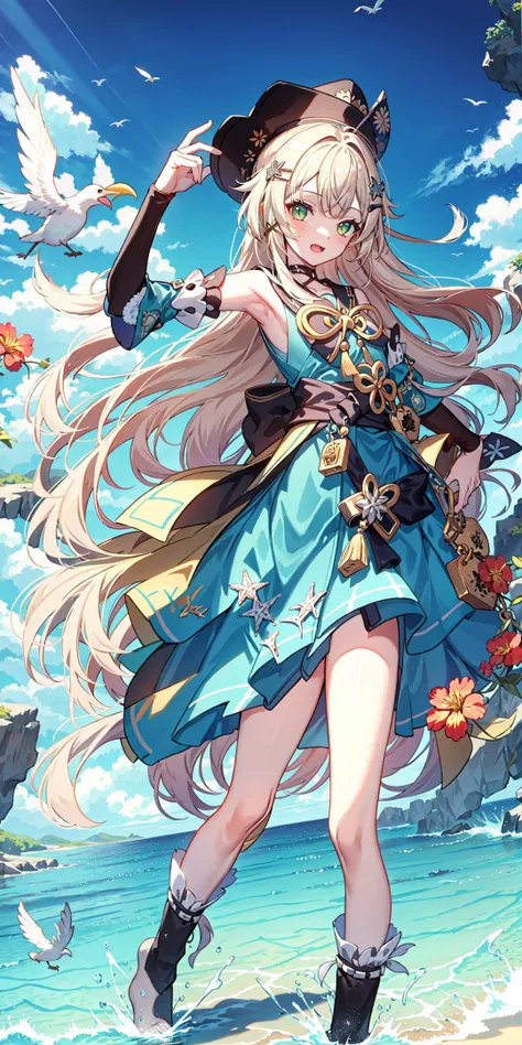 <lora:Genshin_Kirara_AP_v3:0.6>, 1girl, solo, (masterpiece:1,2), best quality, masterpiece, highres, original, extremely detailed wallpaper, perfect lighting,(extremely detailed CG:1.2), drawing, paintbrush, armpits, beach, bird, breasts, cloud, detached sleeves, dress, hat, horizon, lake, long hair, looking at viewer, ocean, outdoors, seagull, skirt, skirt hold, sky, solo, sunrise, sunset, wading, water, small mouth, open mouth