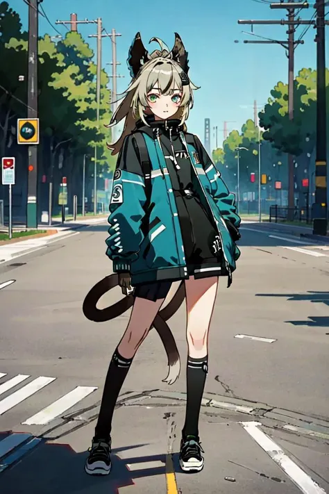 best quality, 4K wallpaper, masterpiece, extremely detailed CG unity 8k wallpaper, extremely detailed eyes, ultra-detailed, intricate details, <lora:Genshin_Kirara_AP_v3:0.5> official, two tails, shoes, TNF outfit, jacket, looking at viewer, public, road sign, street park, street, <lora:clothingbrend:0.6>