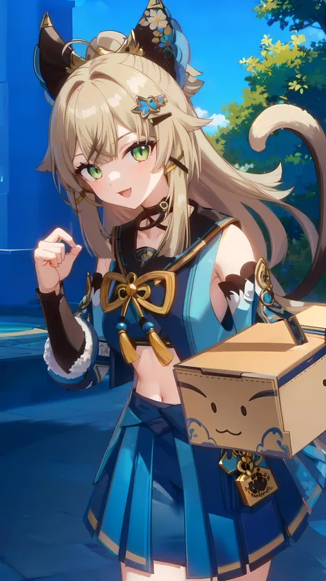 <lora:Genshin_Kirara_AP_v3:0.8>, 1girl, green eyes, official, two tails, paw, Kirara, mailman, (carries the ordered package), full body view, view from the side, looks straight ahead, very happy