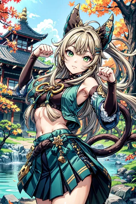 thick outlines, comics, photorealistic, perfect hands, masterpiece:1.2, japanese temple, trees, fall, colorful, 1 girl, solo, dynamic pose, <lora:Genshin_Kirara_AP_v3:0.6>, green eyes, official, two tails, paw, skirt, small breast, detailed background, detailed face, detailed eyes, <lora:add_detail:0.8>