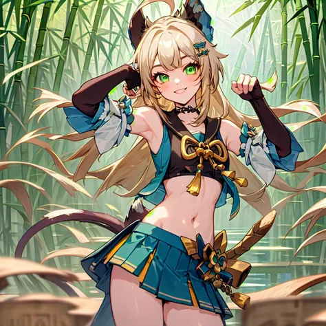 <lora:Genshin_Kirara_AP_v1:0.8>, (masterpiece, best quality),1girl, green eyes, smiling, hair ornament, bare shoulders, black crop top, navel, detached sleeves, elbow gloves, fingerless gloves, tail, and skirt, bamboo