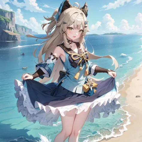 <lora:Genshin_Kirara_AP_v3:0.6>, 1girl, solo, (masterpiece:1,2), best quality, masterpiece, highres, original, extremely detailed wallpaper, perfect lighting,(extremely detailed CG:1.2), drawing, paintbrush, armpits, beach, bird, breasts, cloud, detached sleeves, dress, hat, horizon, lake, long hair, looking at viewer, ocean, outdoors, seagull, skirt, skirt hold, sky, solo, sunrise, sunset, wading, water, small mouth, open mouth