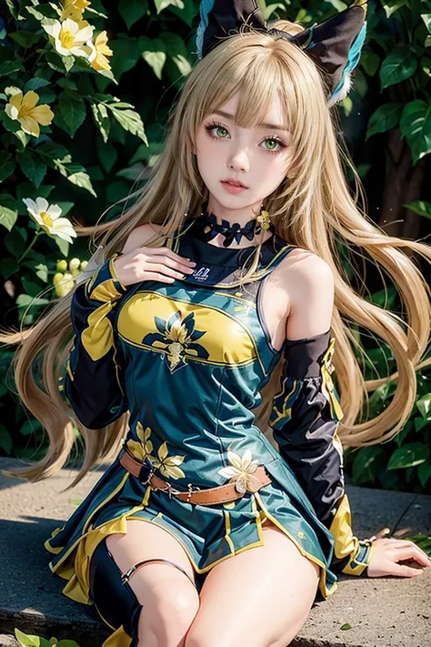 solo, ((small breast)), master piece, best quality, masterpiece, 1girl, prefect face, (choker),small hip, high quality, ultra high res , <lora:asianGirlsFace_v1:0.4>, <lora:meidusha:0.3>, yellow hair, green eyes, <lora:Genshin_Kirara_AP_v3:0.4>, hyper realistic, mouth open, kirara clothes, two tails, paw, official,